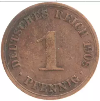 Монета пфенниг Германии 1908 года Медь A