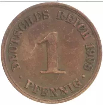 Монета пфенниг Германии 1908 года Медь A