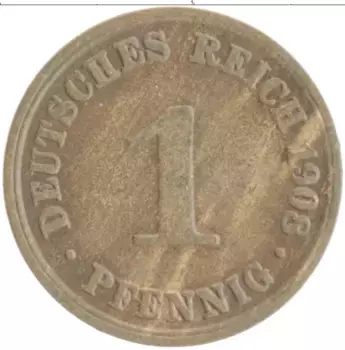 Монета пфенниг Германии 1908 года Медь A