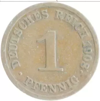 Монета пфенниг Германии 1908 года Медь J