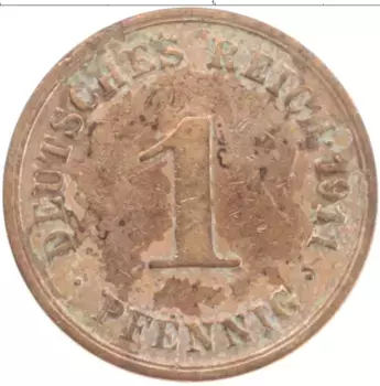 Монета пфенниг Германии 1911 года Медь A