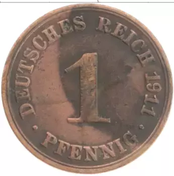 Монета пфенниг Германии 1911 года Медь A