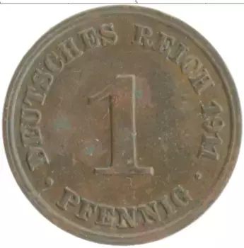 Монета пфенниг Германии 1911 года Медь J