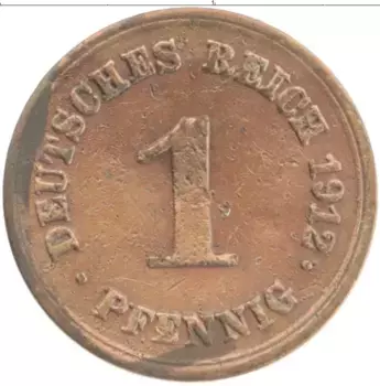 Монета пфенниг Германии 1912 года Медь E