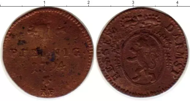 Монета пфенниг Гессен-Дармштадта 1794 года Медь
