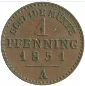 Монета пфенниг Липпе-Детмольда 1851 года Медь А