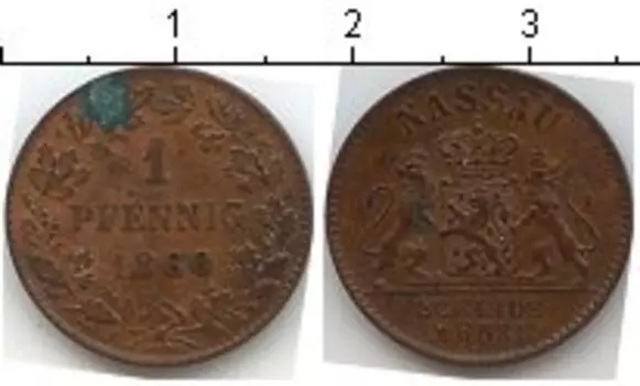 Монета пфенниг Нассау 1860 года Медь