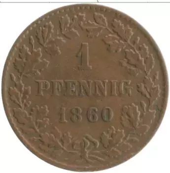 Монета пфенниг Нассау 1860 года Медь