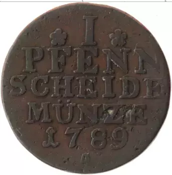 Монета пфенниг Пруссии 1789 года Медь А