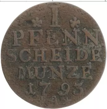 Монета пфенниг Пруссии 1793 года Медь А