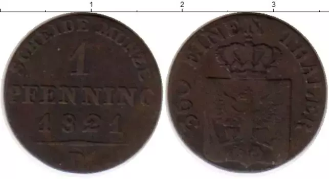 Монета пфенниг Пруссии 1821 года Медь В