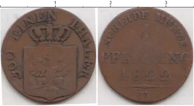 Монета пфенниг Пруссии 1822 года Медь D