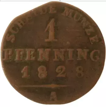 Монета пфенниг Пруссии 1828 года Медь А