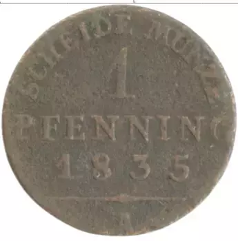 Монета пфенниг Пруссии 1835 года Медь А