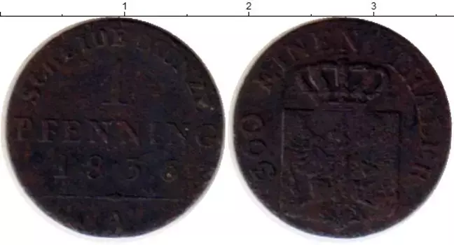 Монета пфенниг Пруссии 1836 года Медь А