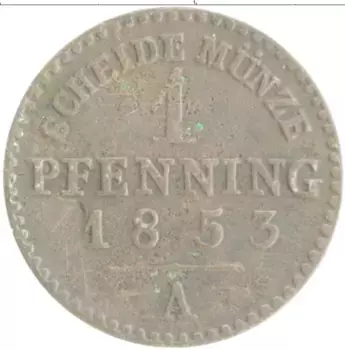 Монета пфенниг Пруссии 1853 года Медь А