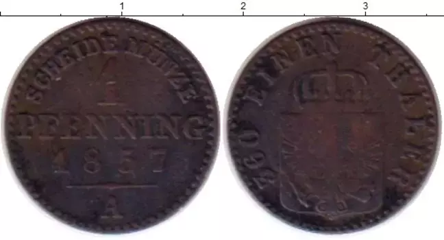 Монета пфенниг Пруссии 1857 года Медь А