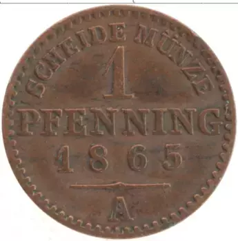Монета пфенниг Пруссии 1865 года Медь А