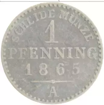 Монета пфенниг Пруссии 1865 года Медь А