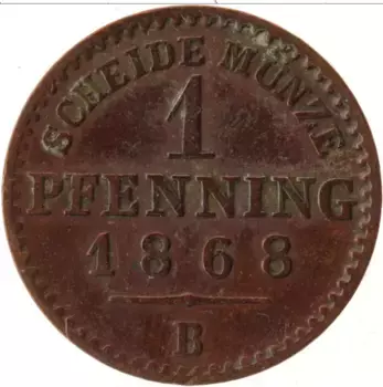 Монета пфенниг Пруссии 1868 года Медь В