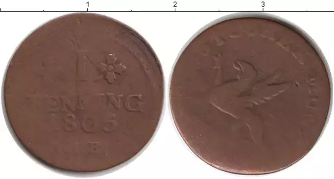 Монета пфенниг Ростока 1805 года Медь