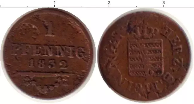 Монета пфенниг Саксен-Майнингена 1832 года Медь Бернхард II