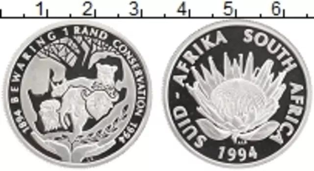 Монета ранд Южно Африканской Республики 1994 года Серебро Защита дикой природы