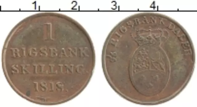 Монета ригсбанкскиллинг Дании 1818 года Медь