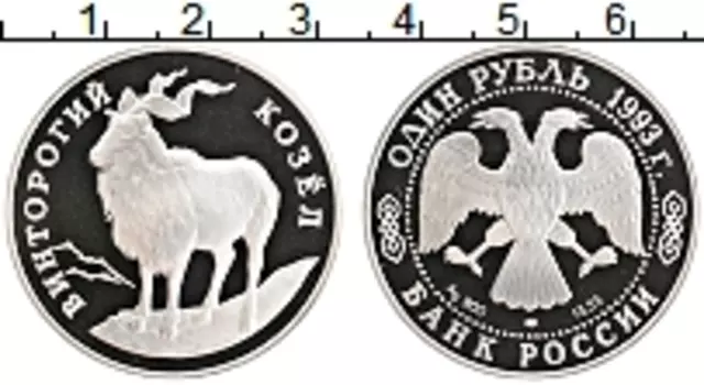 Монета рубль России 1993 года Серебро Винторогий козел
