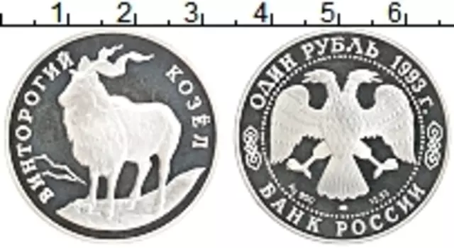 Монета рубль России 1993 года Серебро Винторогий козел