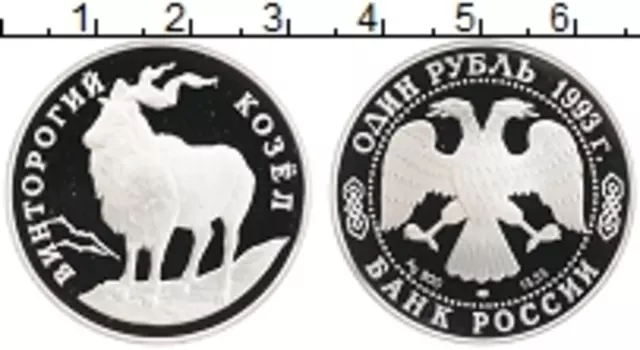 Монета рубль России 1993 года Серебро Винторогий козел