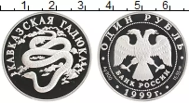 Монета рубль России 1999 года Серебро Красная книга - Кавказская гадюка