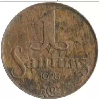 Монета сантим Латвии 1928 года Бронза