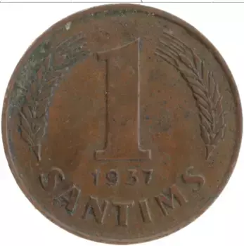 Монета сантим Латвии 1937 года Бронза