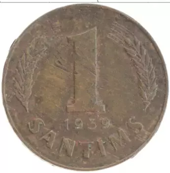 Монета сантим Латвии 1939 года Бронза