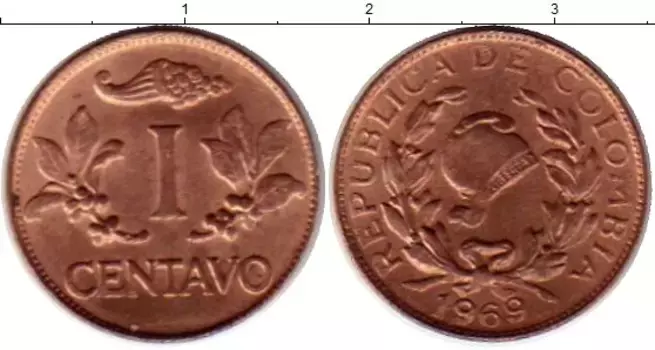 Монета сентаво Колумбии 1969 года Бронза