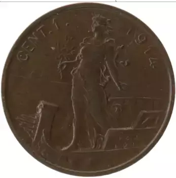 Монета сентесим Италии 1914 года Бронза Витторио Эммануил III