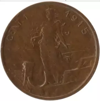 Монета сентесим Италии 1915 года Медь Витторио Эммануил III