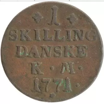 Монета скиллинг Дании 1771 года Медь Кристиан VII