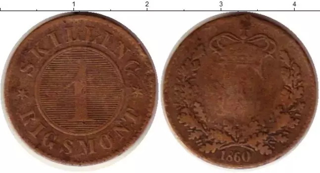 Монета скиллинг Дании 1860 года Бронза Фредерик VII