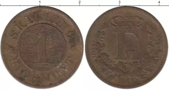 Монета скиллинг Дании 1863 года Медь