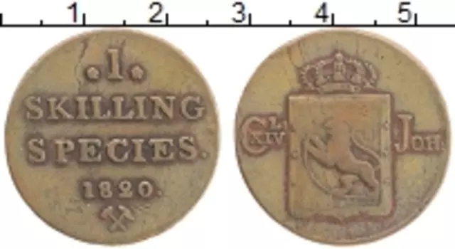 Монета скиллинг Норвегии 1820 года Медь Карл XIV