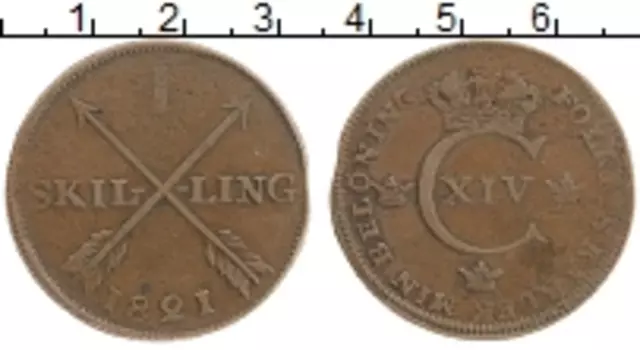 Монета скиллинг Швеции 1821 года Медь Карл XIV Юхан