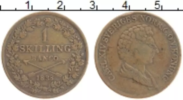 Монета скиллинг Швеции 1838 года Медь Карл XIV