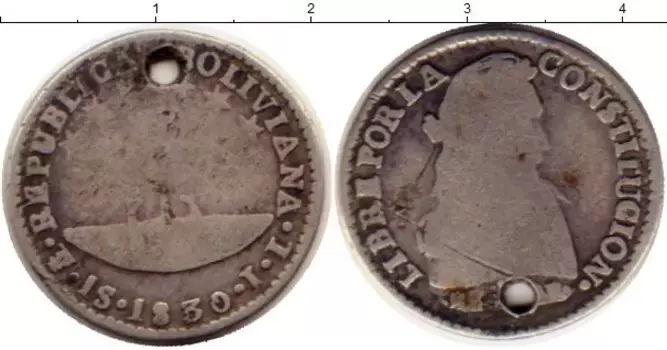 Монета соль Боливии 1830 года Серебро Отверстие