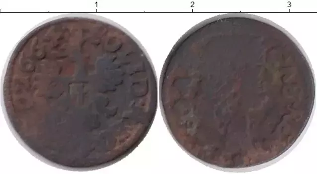 Монета солид Польши 1664 года Медь Ян Казимир