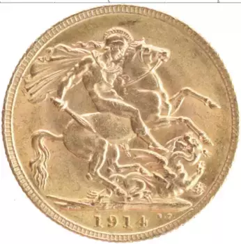 Монета соверен Англии 1914 года Золото Георг V