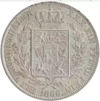Монета талер Ольденбурга 1866 года Серебро Николаус Фридрих Петер