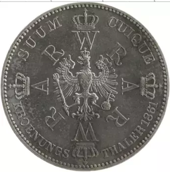 Монета талер Пруссии 1861 года Серебро Коронация Вильгельма и Августы