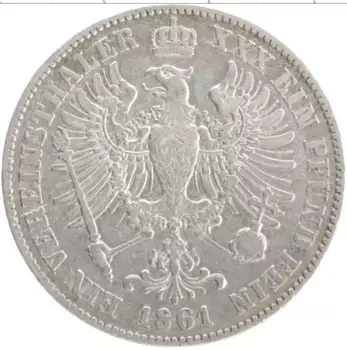 Монета талер Пруссии 1861 года Серебро Вильгельм I